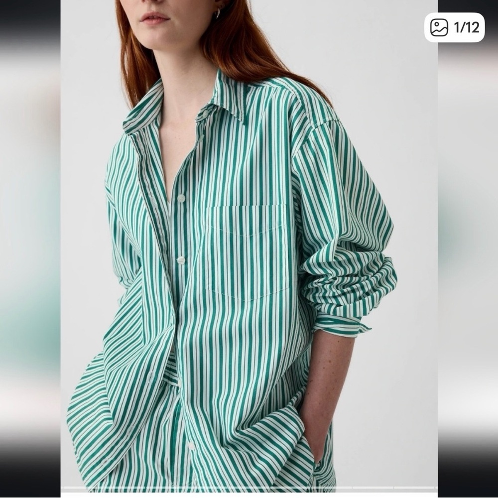 GAP Green and White Vertical Stripe Button-Down Shirt - Picture 3 of 7